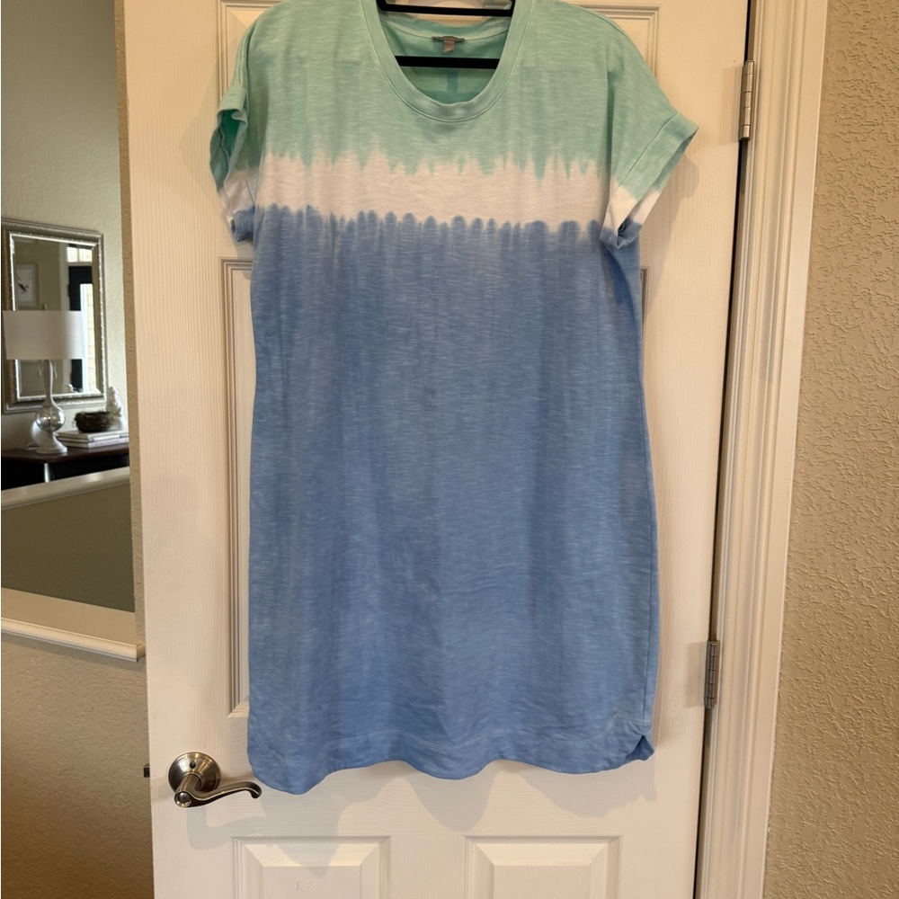 Talbots Mint Green White and Sky Blue Ombre Tie-Dye T-Shirt Dress